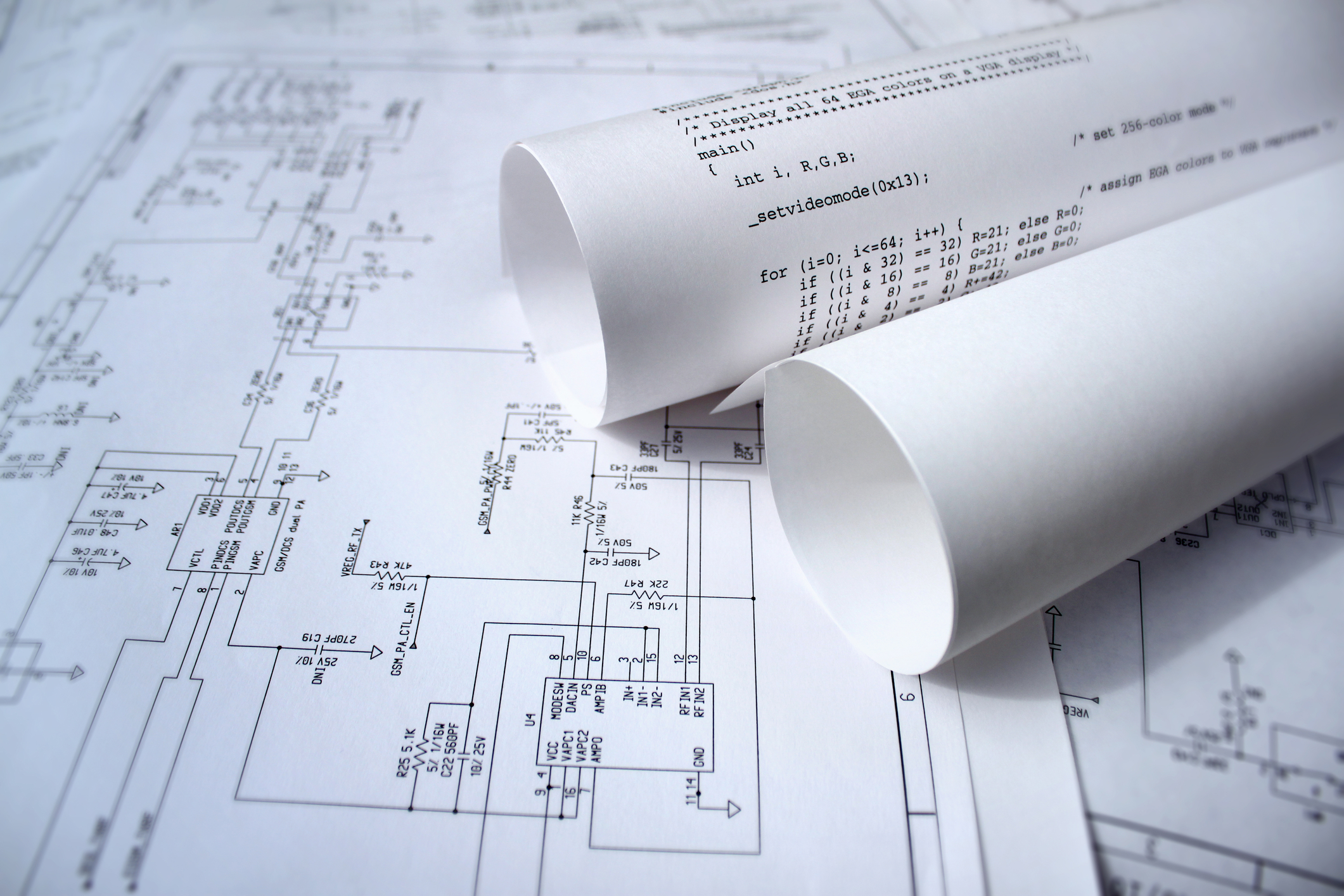 Hardware (schematics) and Software (code printout)